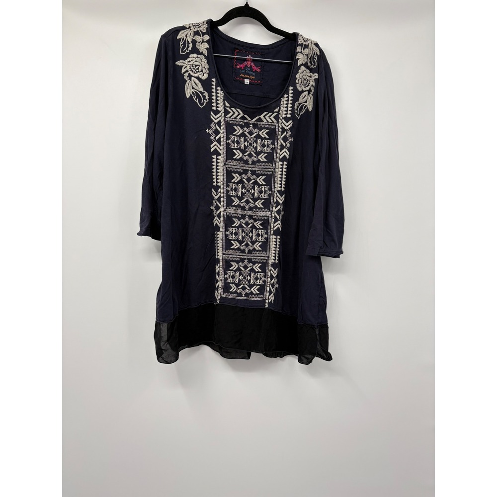 JW Los Angeles Johnny Was Navy Blue Embroidered Tunic Top 2X Cotton Boho